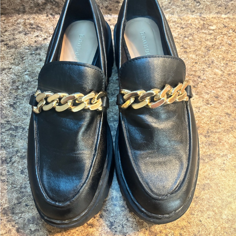 BAMBOO Black Leather Moccasins with Gold Chain Trim